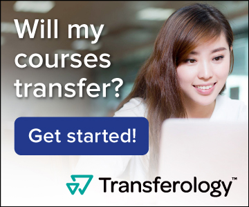 Student smiling next to the following text: Will my courses transfer? Add some courses and get results! Get started with Transferology.